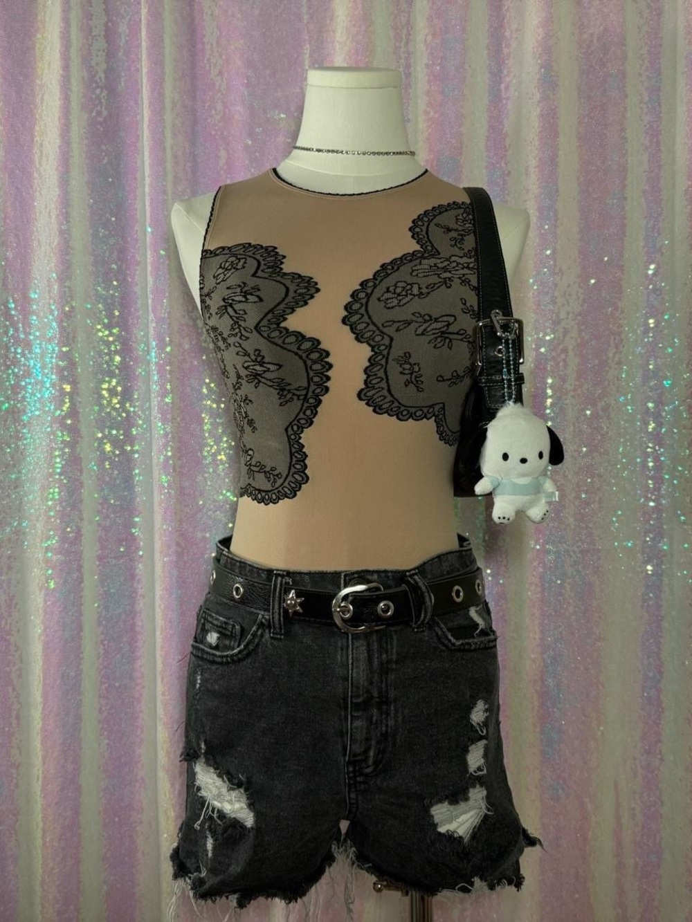 Victoria's Secret Beige & Black Lace Floral Embroidered Bodysuit ★彡